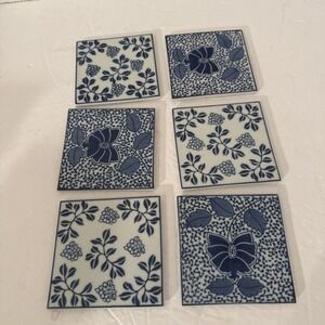 PIER 1 Imports Chinoiserie Coasters Floral Square Tile Set Of 6 Blue White 4"x4"